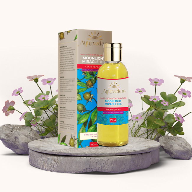 A package of Moonlight Miracle Oil along with its bottle and flowers in the background - Buy Ayurvedic Medicines Online