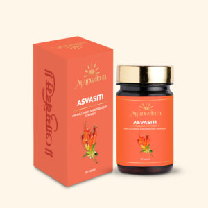 A bottle of Asvasiti Tablet by Ayurvedam containing 60 tablets