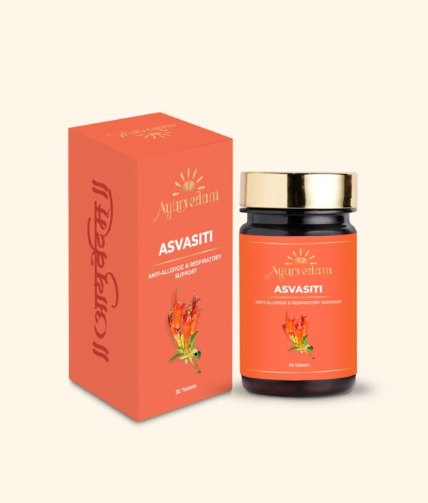 A bottle of Asvasiti Tablet by Ayurvedam containing 60 tablets