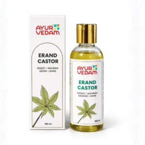 A bottle of Cold Pressed Erand Castor Oil by Ayurvedam 100ml