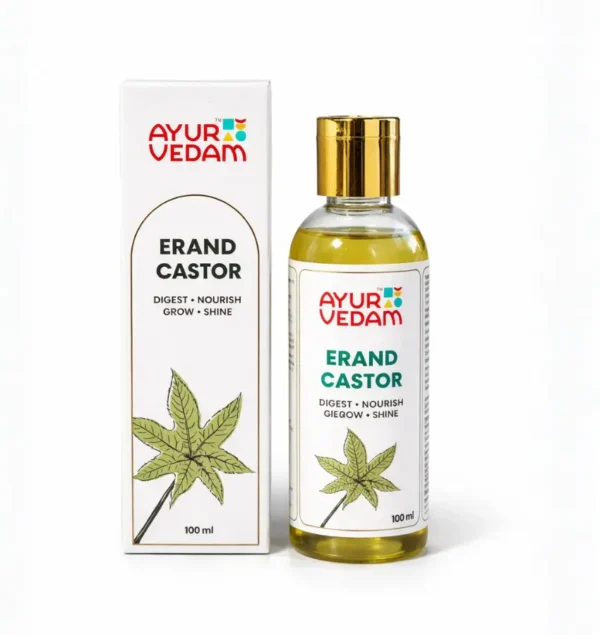 A bottle of Cold Pressed Erand Castor Oil by Ayurvedam 100ml