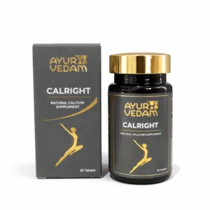Ayurvedam Calright natural calcium supplement, 30-count bottle and box set with gold branding, Ayurvedic bone health support tablets.
