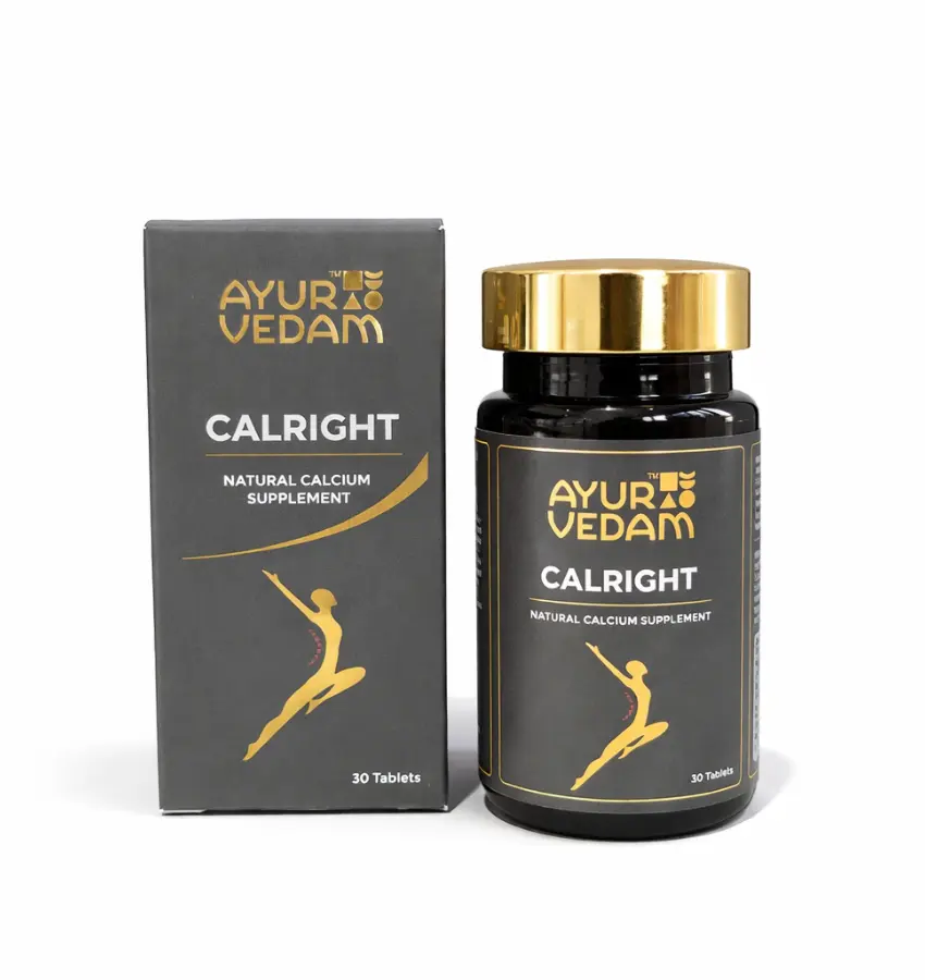 Ayurvedam Calright natural calcium supplement, 30-count bottle and box set with gold branding, Ayurvedic bone health support tablets.
