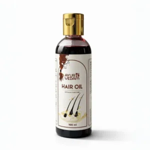 Ayurvedam Optimum Hair Care Oil in a 100ml clear bottle with a gold flip-top cap. Professional Ayurvedic hair oil for hair growth and scalp health featuring a clean, minimalist label design.
