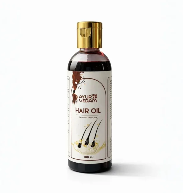 Ayurvedam Optimum Hair Care Oil in a 100ml clear bottle with a gold flip-top cap. Professional Ayurvedic hair oil for hair growth and scalp health featuring a clean, minimalist label design.