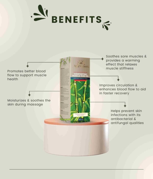 Ayurvedam's Comforting Muscle Rub Oil Creative and Benefits Listed