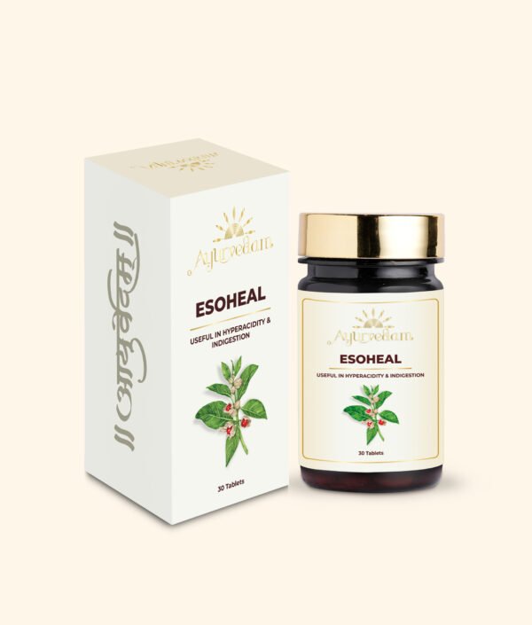 A bottle of Esoheal Tablet by Ayurvedam containing 60 tablets