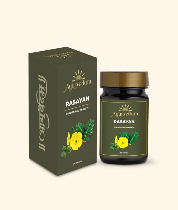 A bottle of Rasayan Tablet by Ayurvedam containing 60 tablets