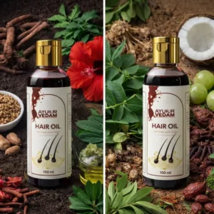 Ayurvedam Ayurvedic Hair Oil 100ml bottle surrounded by natural ingredients including hibiscus, coconut, amla, and fenugreek seeds. Comparison of potent herbal extracts used for hair strengthening and nourishment.