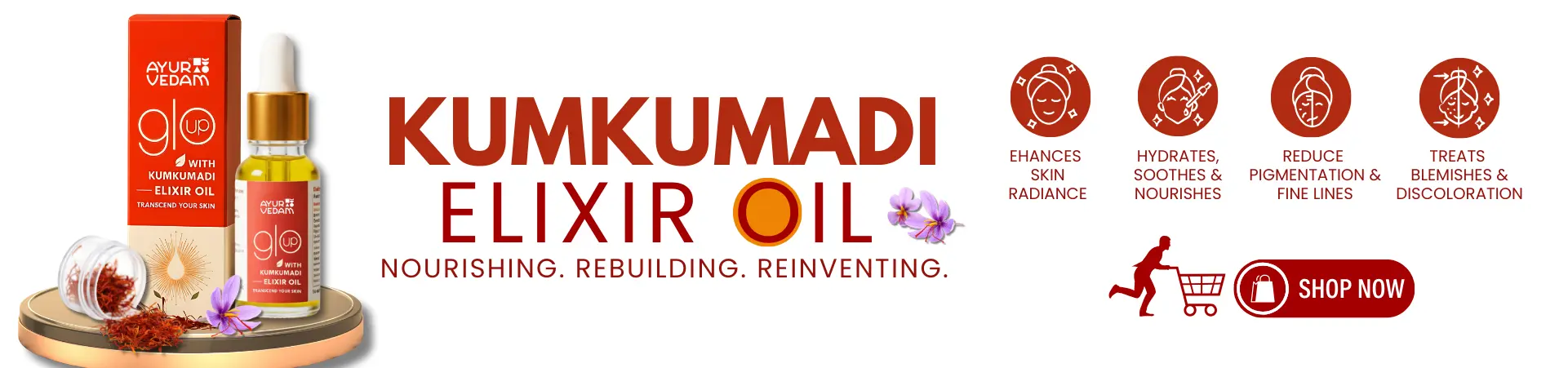 A bottle of Kumkumadi Elixir Oil by Ayurvedam Banner New