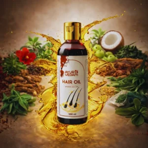 Premium Ayurvedam Hair Oil bottle with a golden oil splash effect. Herbal hair treatment displayed with key botanical ingredients like coconut, hibiscus flowers, and green leaves for a natural, luxury skincare aesthetic.