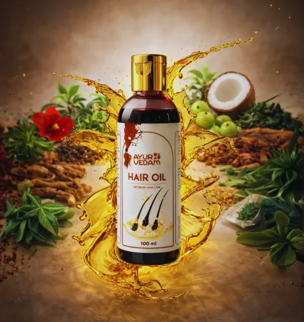 Premium Ayurvedam Hair Oil bottle with a golden oil splash effect. Herbal hair treatment displayed with key botanical ingredients like coconut, hibiscus flowers, and green leaves for a natural, luxury skincare aesthetic.