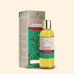 Ayurshine Hair Serum, an ayurvedic hair serum along with its package by Ayurvedam