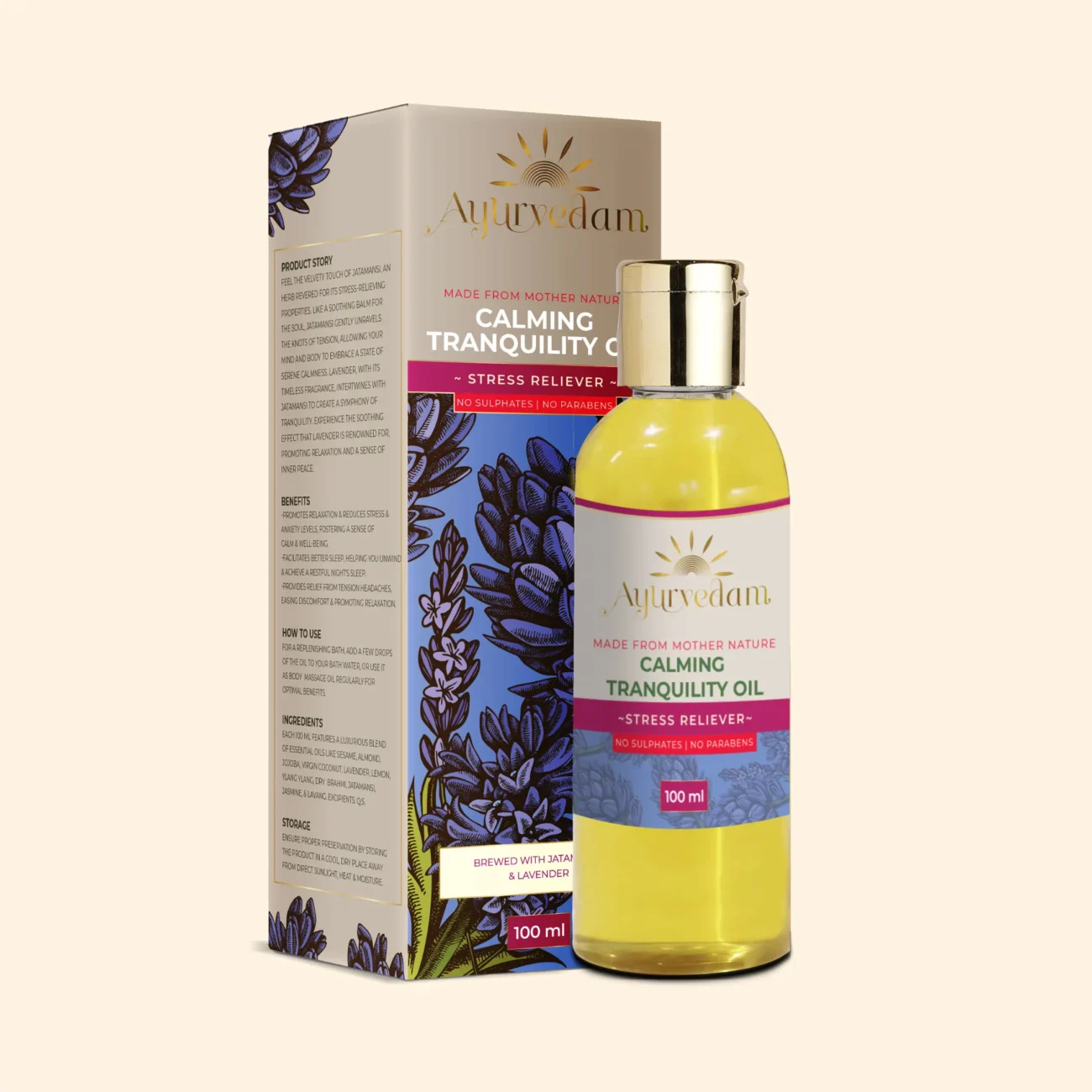 Calming Tranquility Oil, an ayurvedic body massage oil along with its package by Ayurvedam