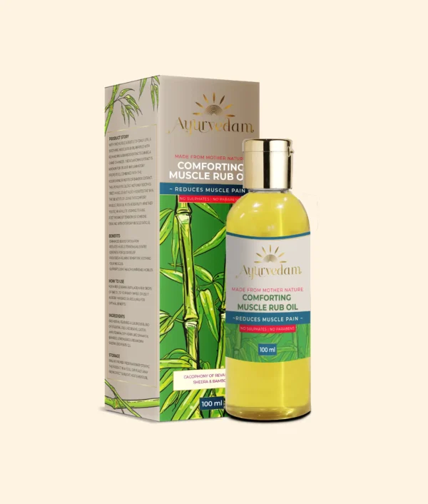 Comforting Muscle Rub Oil, an ayurvedic body massage oil along with its package by Ayurvedam