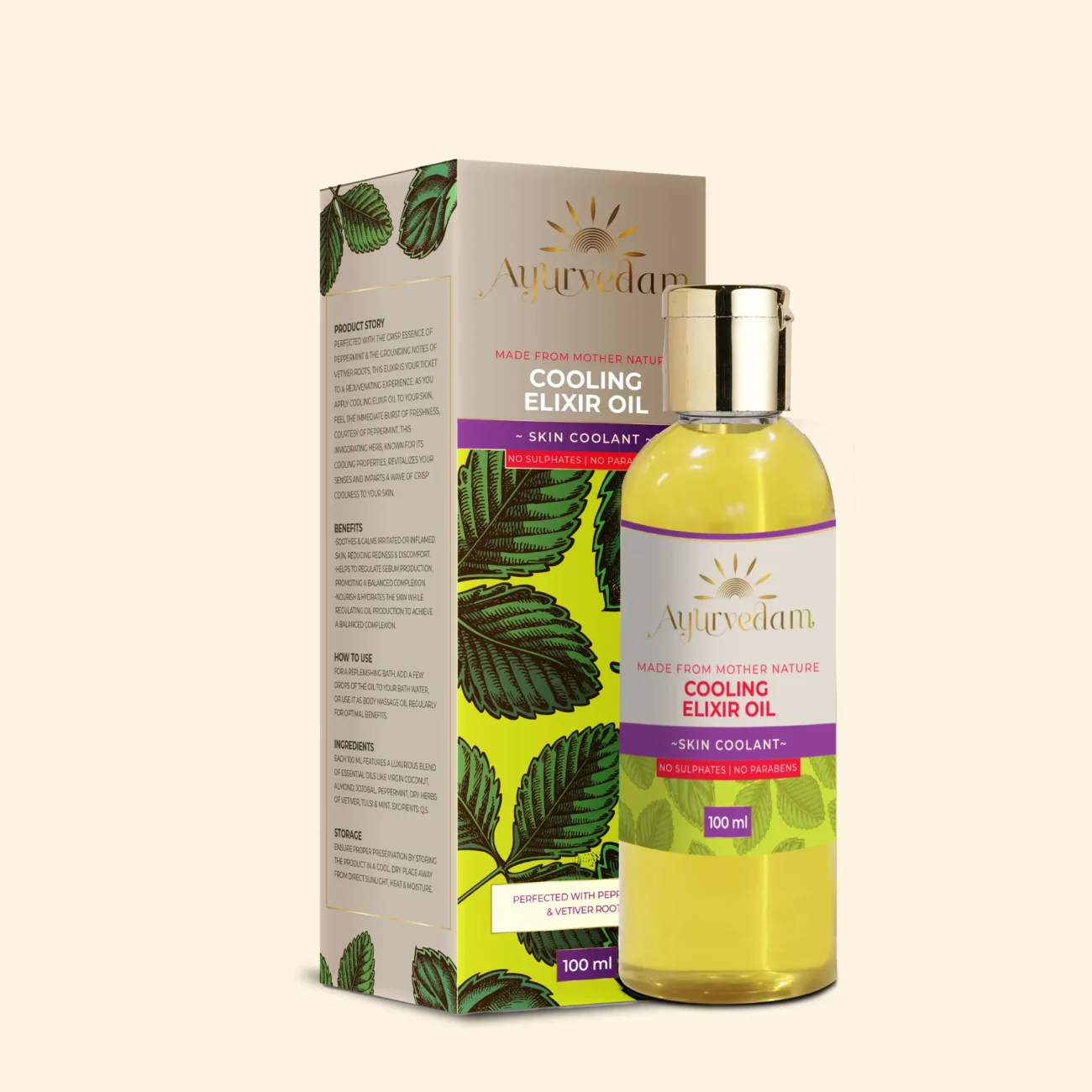 Cooling Elixir Oil, an ayurvedic body massage oil along with its package by Ayurvedam