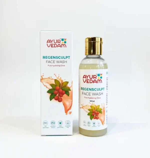Product shot of Ayurvedam Regensculpt Face Wash, 100ml. The label includes icons for FDA approval, sulfate-free, paraben-free, and cruelty-free.