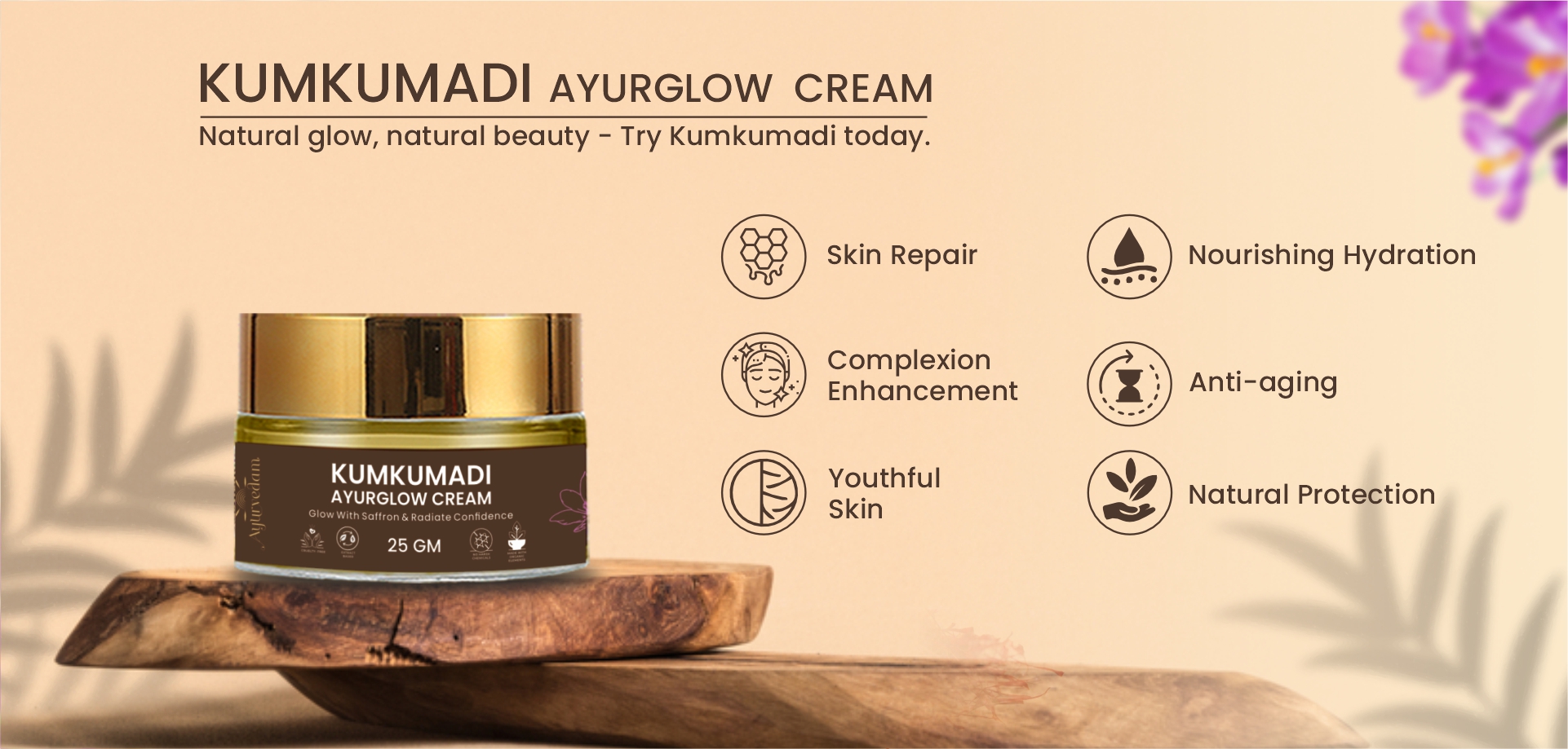 KUMKUMADI AYURGLOW CREAM BANNER WITH ITS BENEFITS LISTED