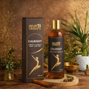 A 100ml bottle of Calright Oil by Ayurvedam that is useful for joint pain relief. Buy Online in India