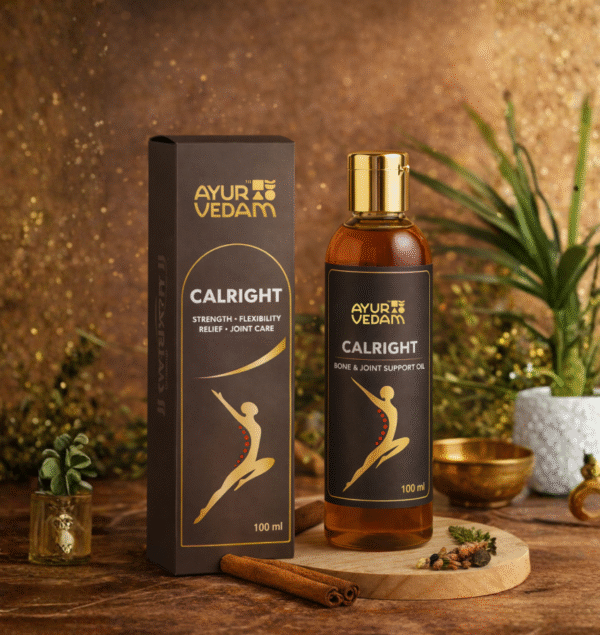 A 100ml bottle of Calright Oil by Ayurvedam that is useful for joint pain relief. Buy Online in India