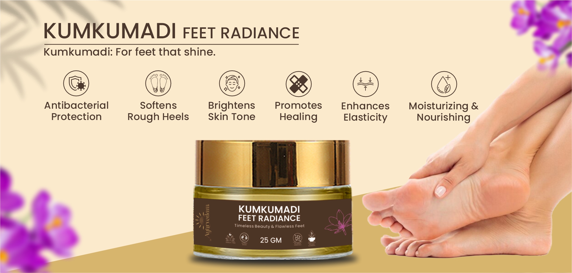 Kumkumadi Feet Radiance Cream Banner with it's benefits listed