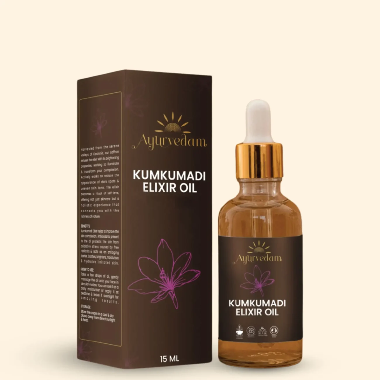 A bottle of Kumkumadi Elixir Oil by Ayurvedam - Buy Ayurvedic Medicines Online