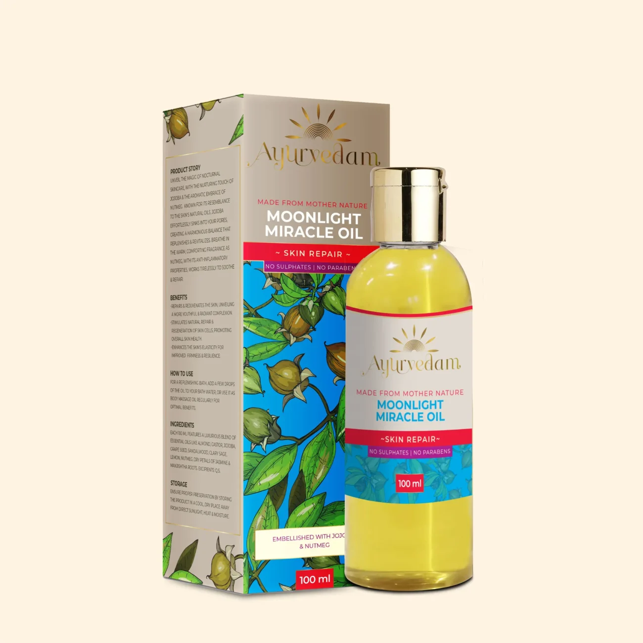 Moonlight Miracle Oil, an ayurvedic body massage oil along with its package by Ayurvedam