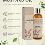 Ayurvedic Mustard Oil product, a muscle pain reliever, displayed on a white stand with green leaves in the background. The product promises benefits like improved joint mobility, skin nourishment, enhanced hair growth, and prevention of scalp infections.