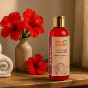 a-bottle-of-jaswand-mehendi-shampoo-by-ayurvedam-with-flowers-in-background-100ml