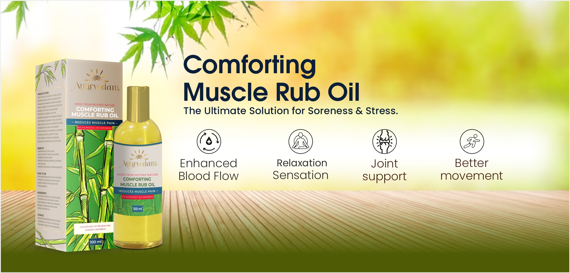 Ayurvedam Comforting Muscle Rub Oil Banner with it's benefits Listed