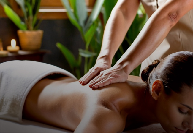 A woman enjoying a relaxing back massage at Ayurvedamstore, experiencing ultimate comfort and rejuvenation.
