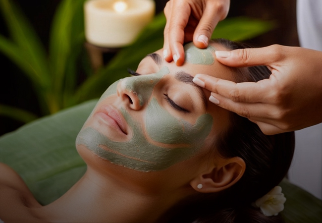 A person receiving a professional facial treatment, with a green mask being applied to their face, in a serene spa environment with ambient lighting and greenery.