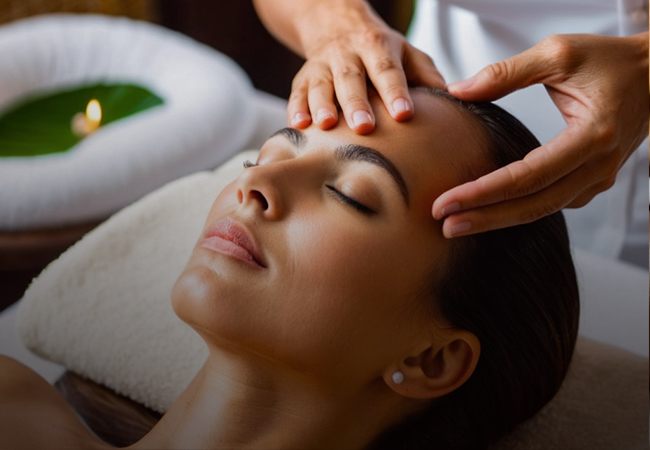 A person is enjoying a calming head massage at Ayurvedam Store. The masseuse’s hands are gently placed on the person’s head.