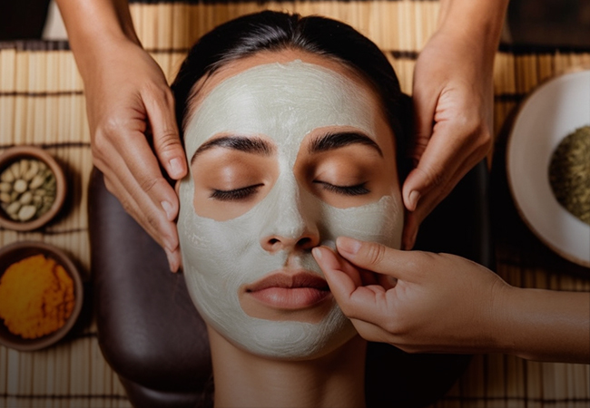 Professional ayurvedic therapist performing a relaxing head massage on a client, surrounded by natural ingredients like herbs and spices used for holistic treatments, showcasing an atmosphere of tranquillity and wellness.