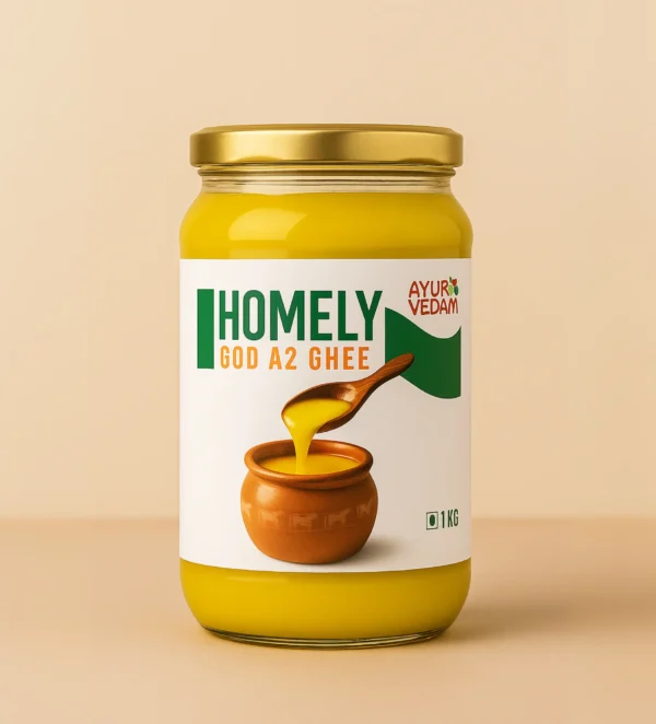 A jar of Homely God A2 Ghee by Ayurvedam (1kg)