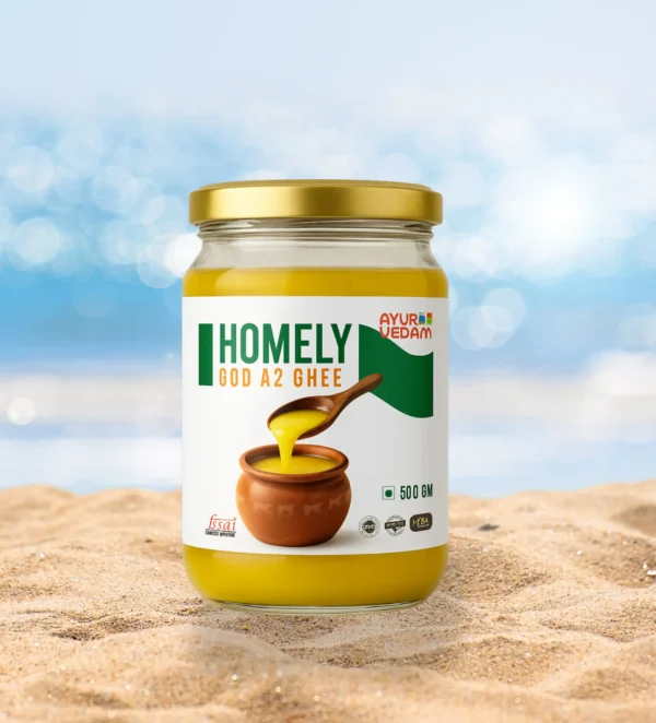 A jar of Homely God A2 Ghee by Ayurvedam (500g)