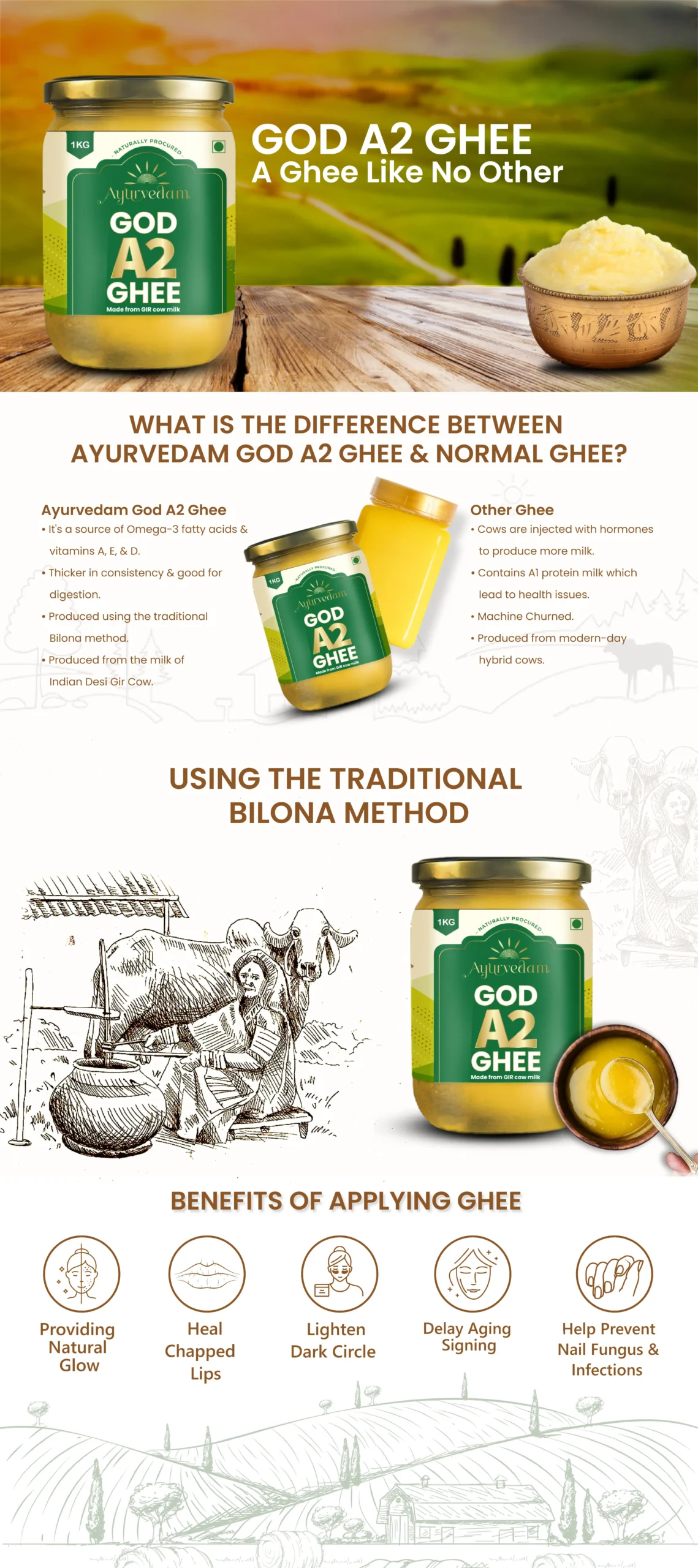 Web banner of Ayurvedam’s God A2 Ghee, showcasing its numerous health benefits. The image highlights the difference between regular ghee and God A2 Ghee, prepared using the traditional Bilona method. It also features a bowl full of A2 Ghee, symbolizing its purity and richness.
