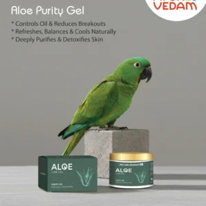 aloe-purity-gel-main-image-with-a-parrot-sitting-on-the-box-and-benefits-written