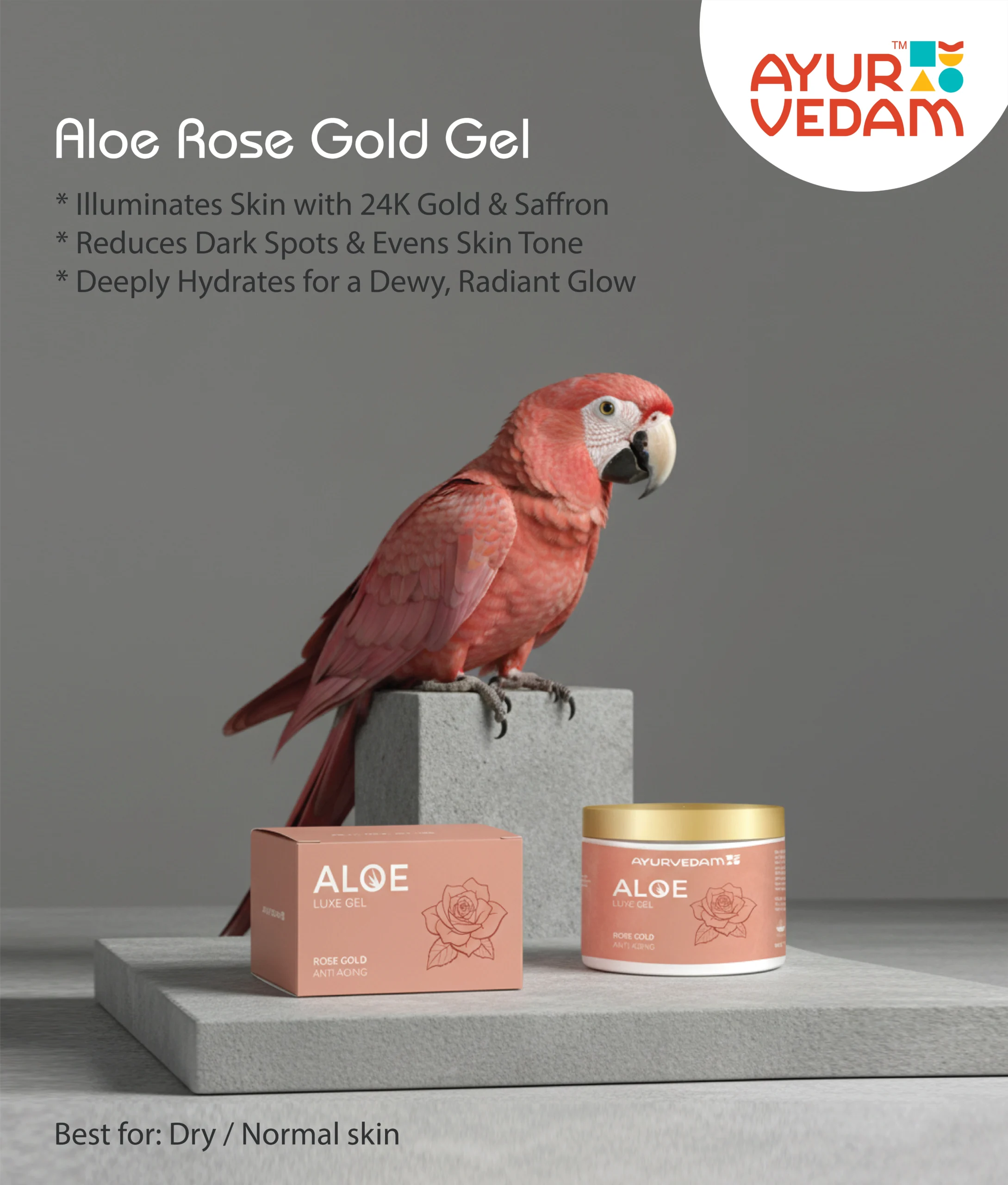 aloe-gold-saffron-luxe-gel-with-parrot-sitting-on-the-stone-alongside-box-and-bottle