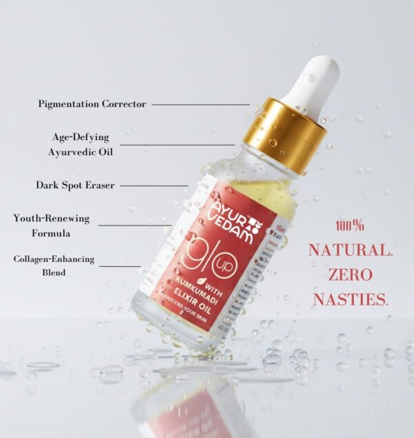 A bottle of Kumkumadi Elixir Oil by Ayurvedam - with its benefits written on the banner