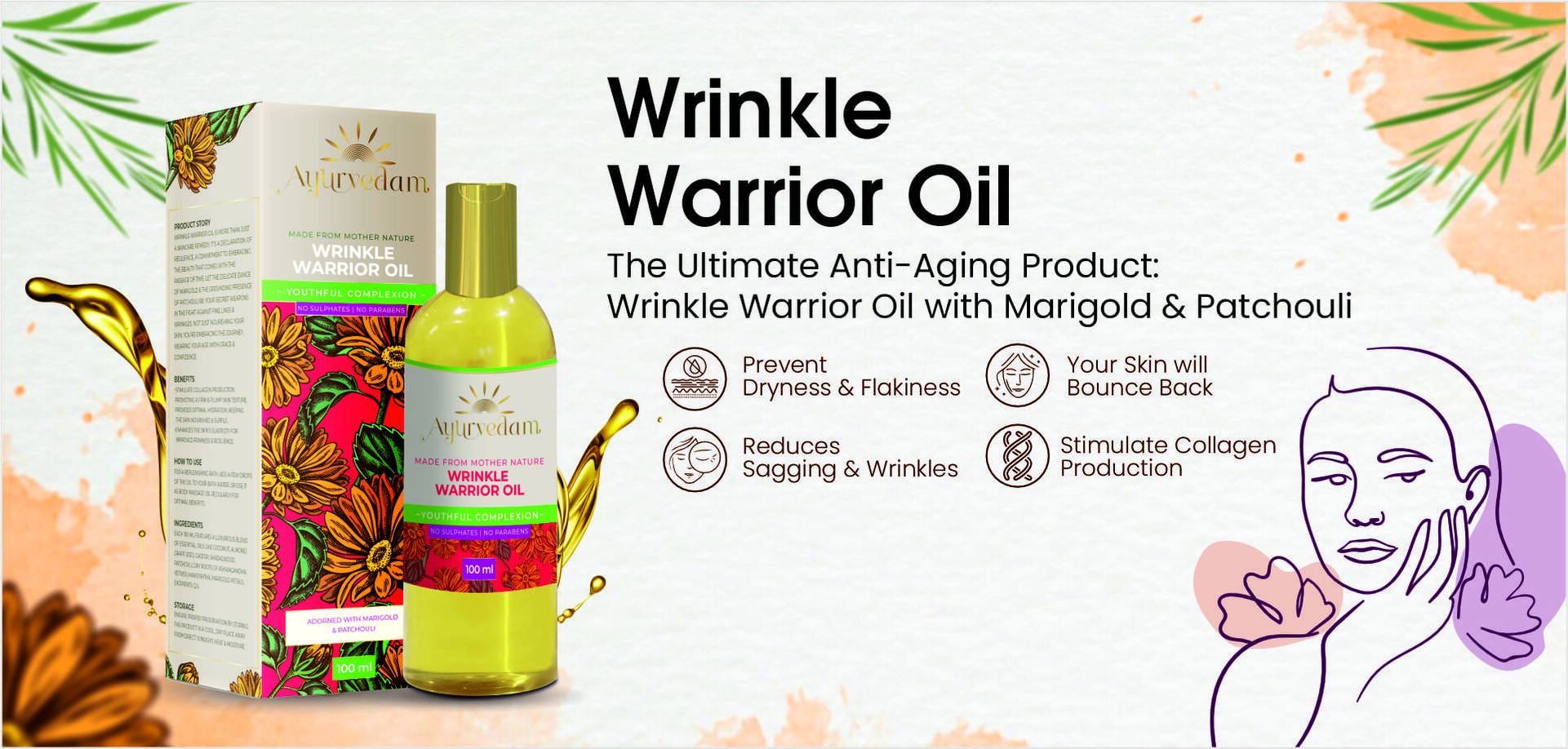 Ayurvedam Wrinkle Warrior Oil Banner with it's benefits Listed