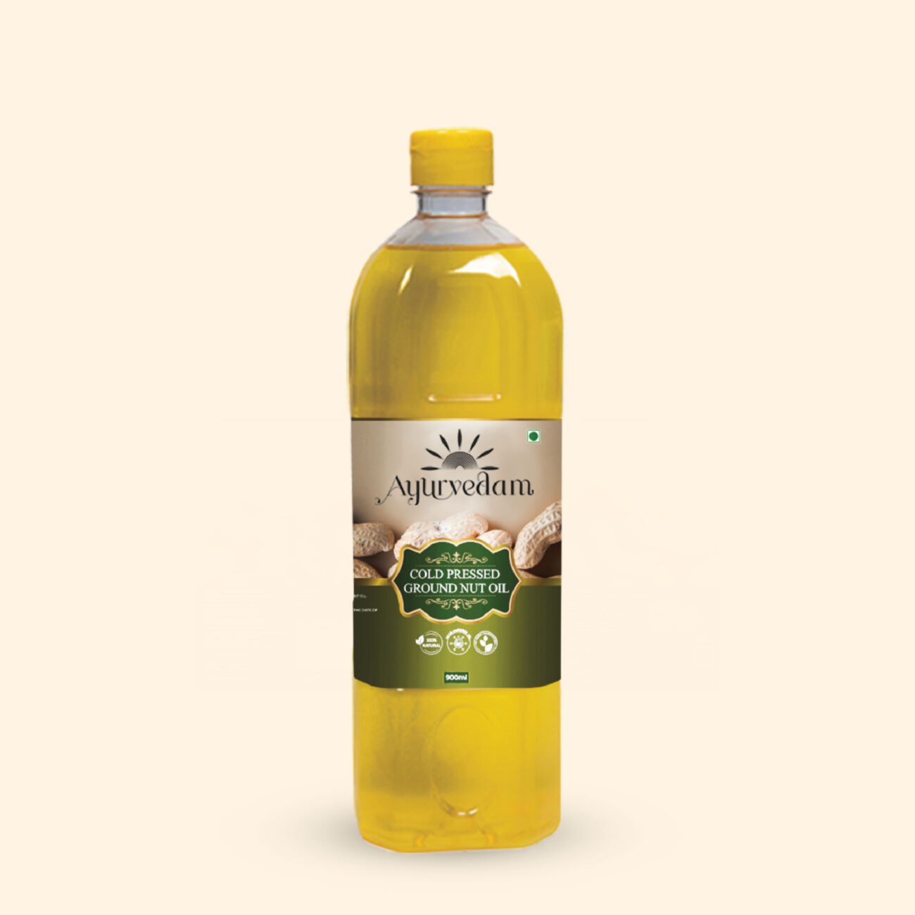 A golden colour Cold Pressed Groundnut Oil bottle