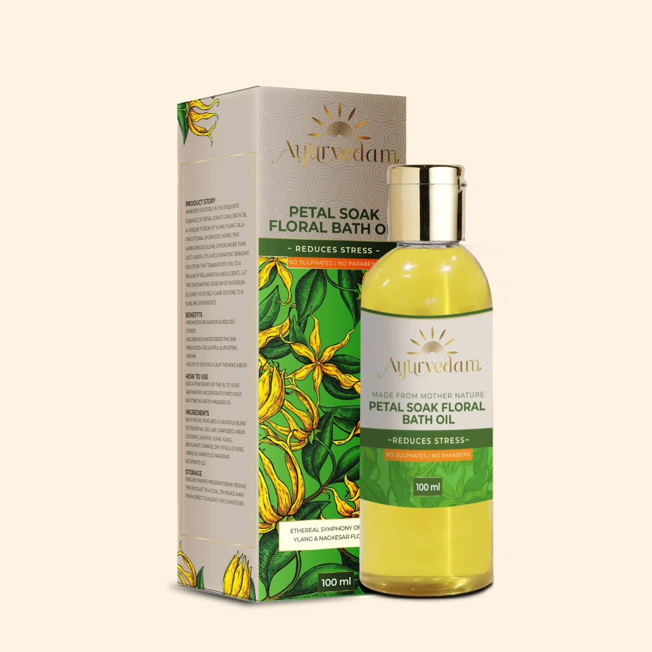 Petal Soak Floral Bath Oil, an ayurvedic body massage oil along with its package by Ayurvedam