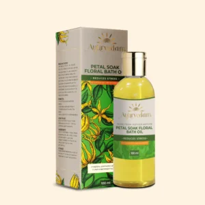 Petal Soak Floral Bath Oil, an ayurvedic body massage oil along with its package by Ayurvedam