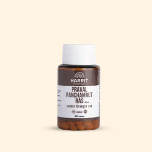 A bottle of Praval Panchamrut Ras by Ayurvedam containing 60 tablets