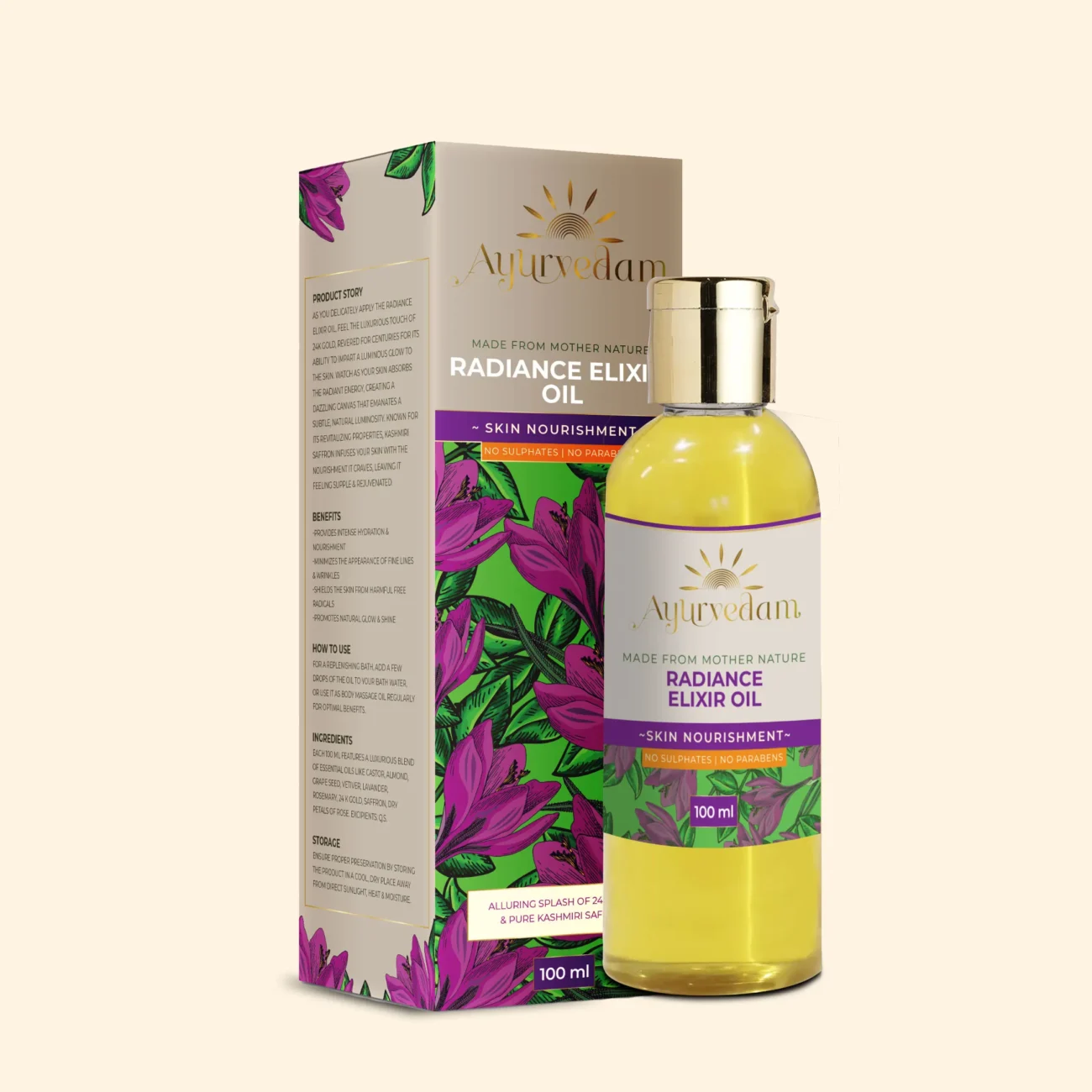 Radiance Elixir Oil, an ayurvedic body massage oil along with its package by Ayurvedam