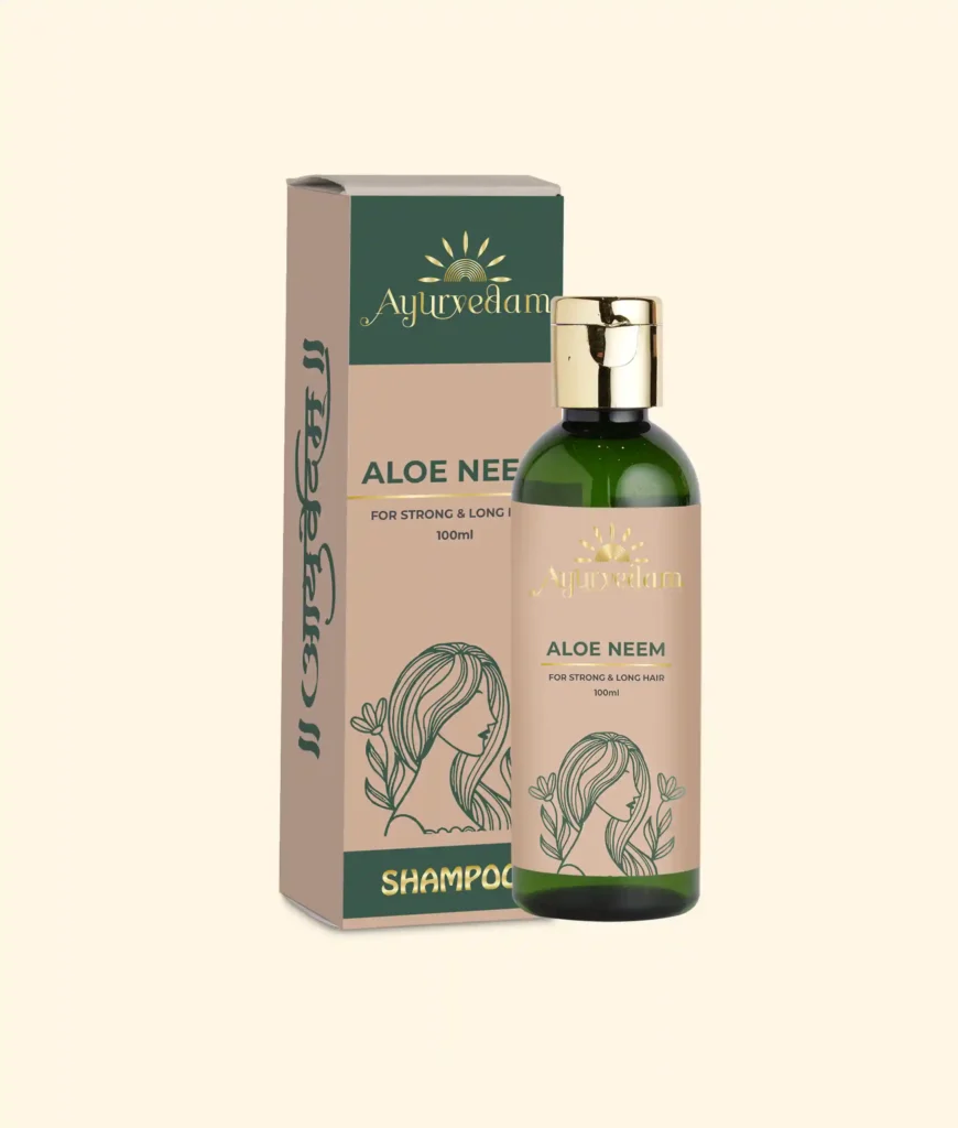 A bottle of Aloe Neem Shampoo by Ayurvedam 100ml