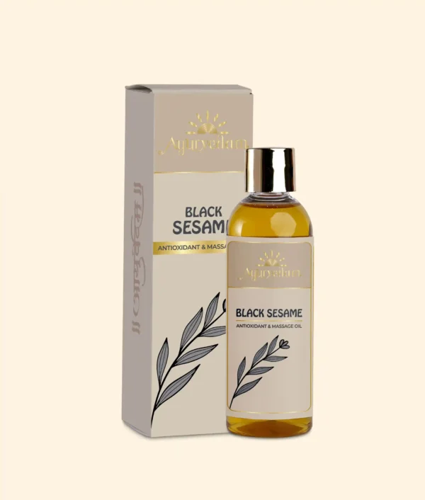 A bottle of Cold Pressed Black Sesame Oil by Ayurvedam 100ml