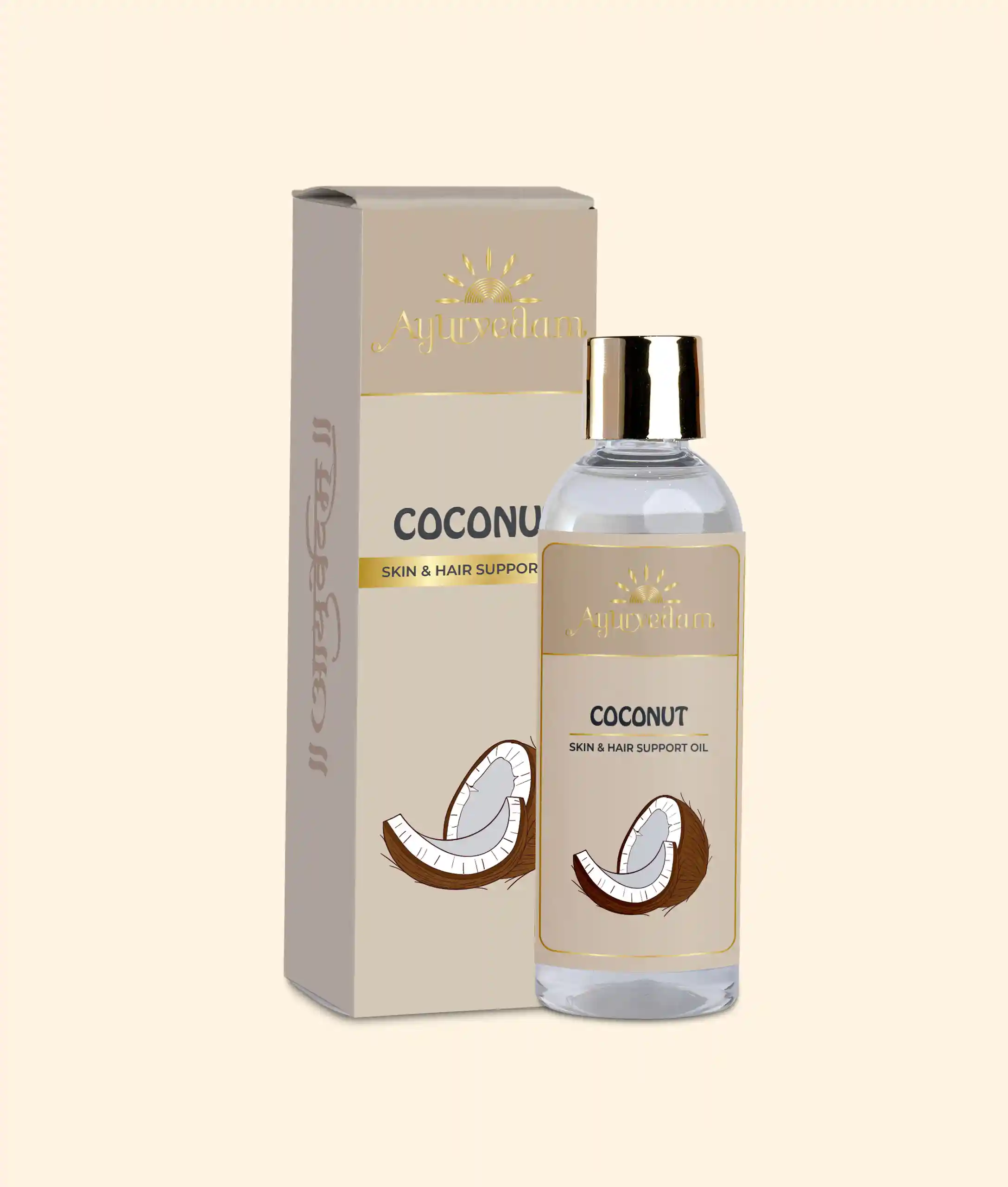A bottle of Cold Pressed Coconut Oil by Ayurvedam 100ml