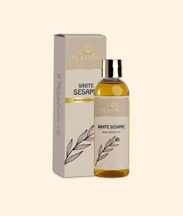 A bottle of Cold Pressed White Sesame Oil by Ayurvedam 100ml